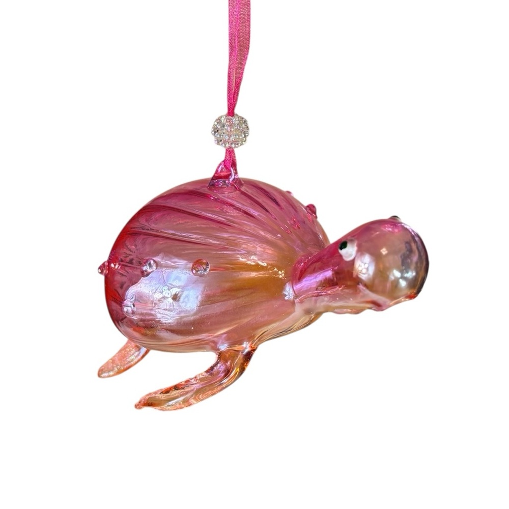 Hand Blown Iridescent Pink Glass Turtle Ornament Christmas Holiday Tree Decor
